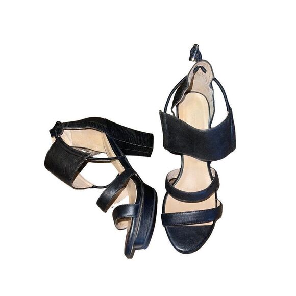 All Black Leather Strappy Heels Sandals - Picture 1 of 16